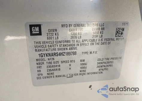 2017 Cadillac Xt5 Standard z USA, uszkodzony, nr VIN 1GYKNARS4HZ189788